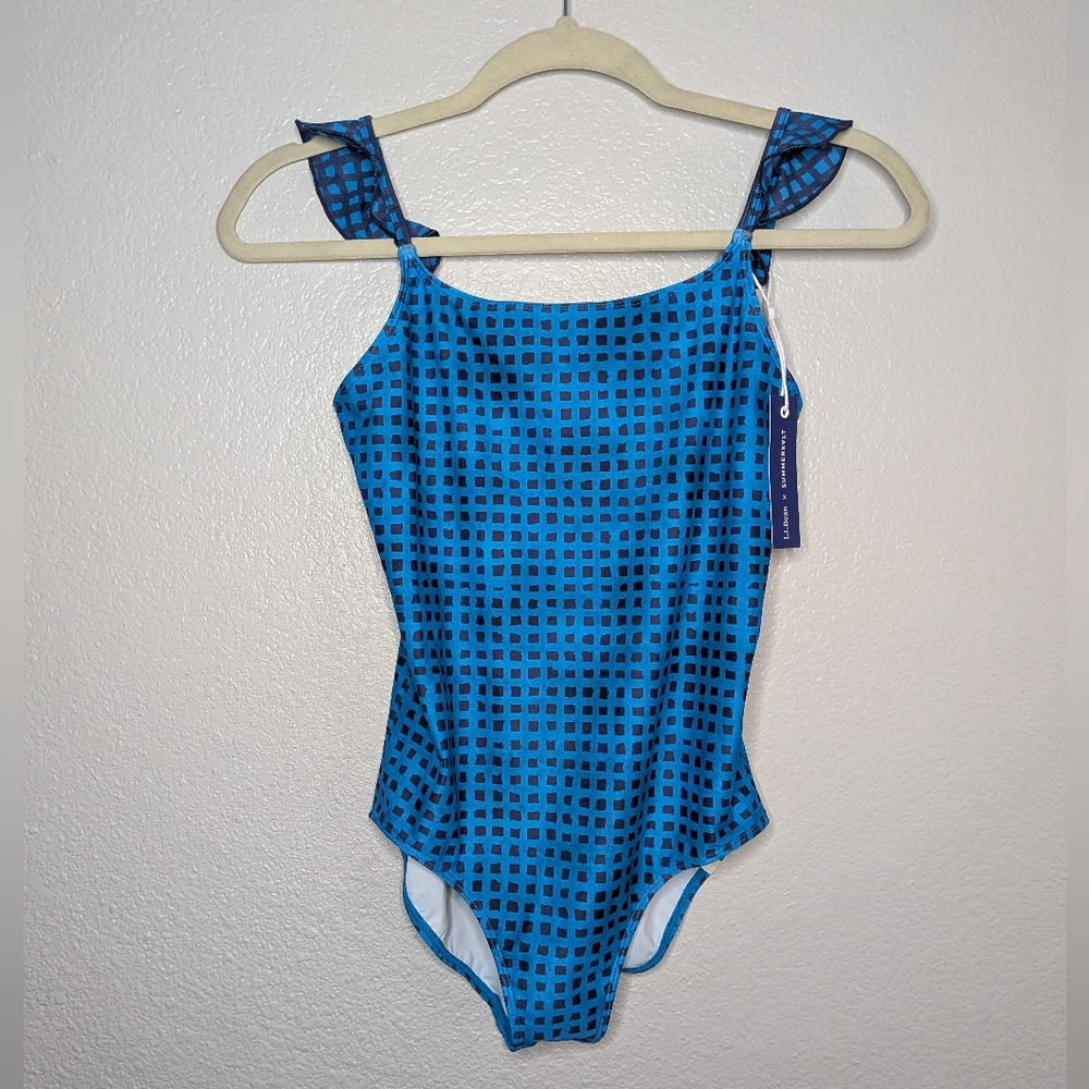 New L.L. Bean x Summersalt Blue Checkered Kids Girls One Piece Swimsuit 14 NWT